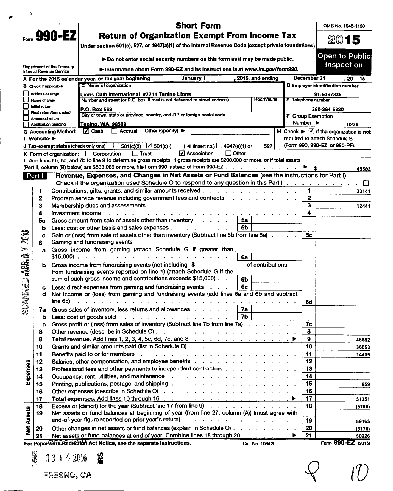 Image of first page of 2015 Form 990EO for Lions Clubs - 7711 Tenino