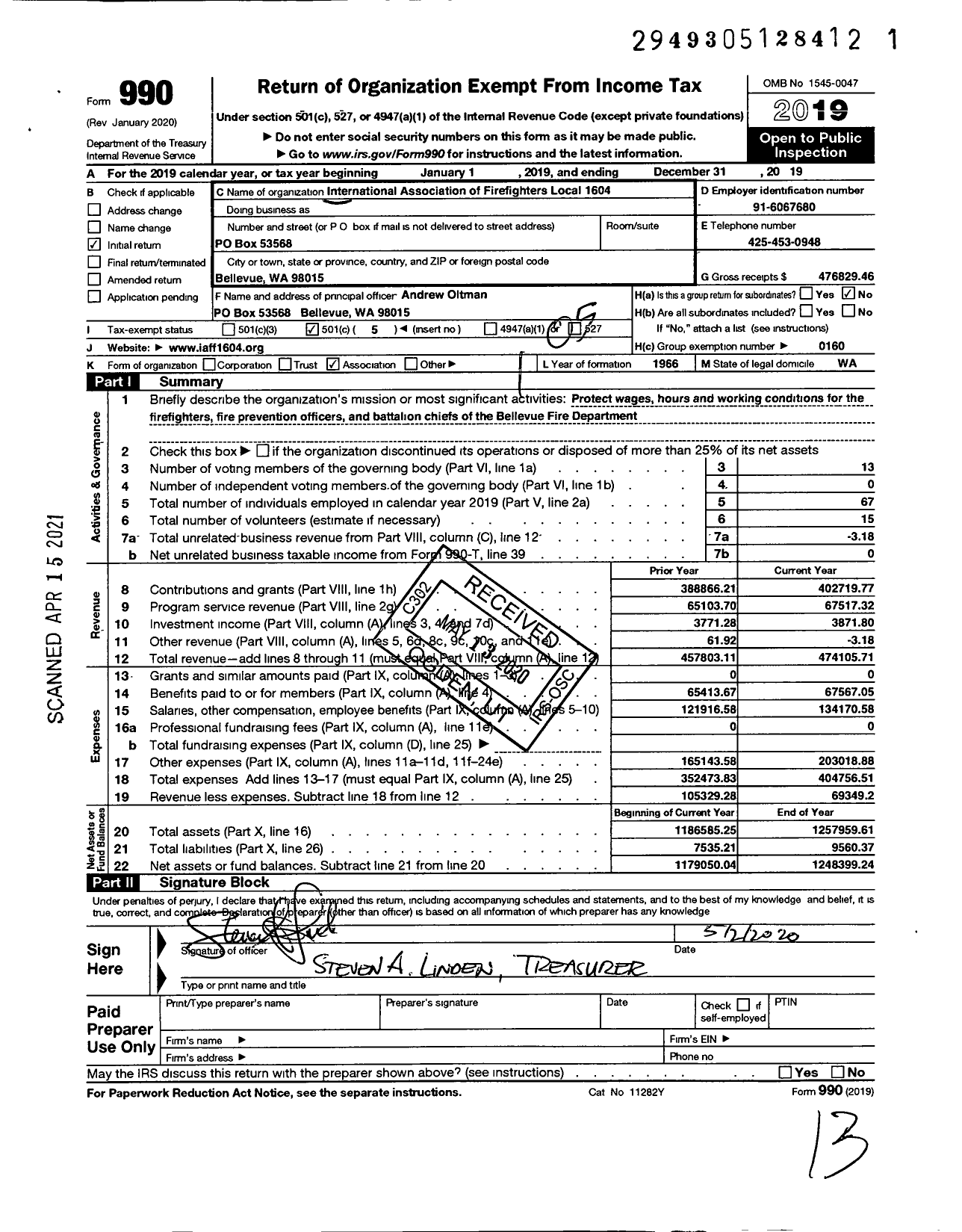 Image of first page of 2019 Form 990O for INTERNATIONAL ASSOCIATION OF FIRE FIGHTERS - Bellevue Firefighters