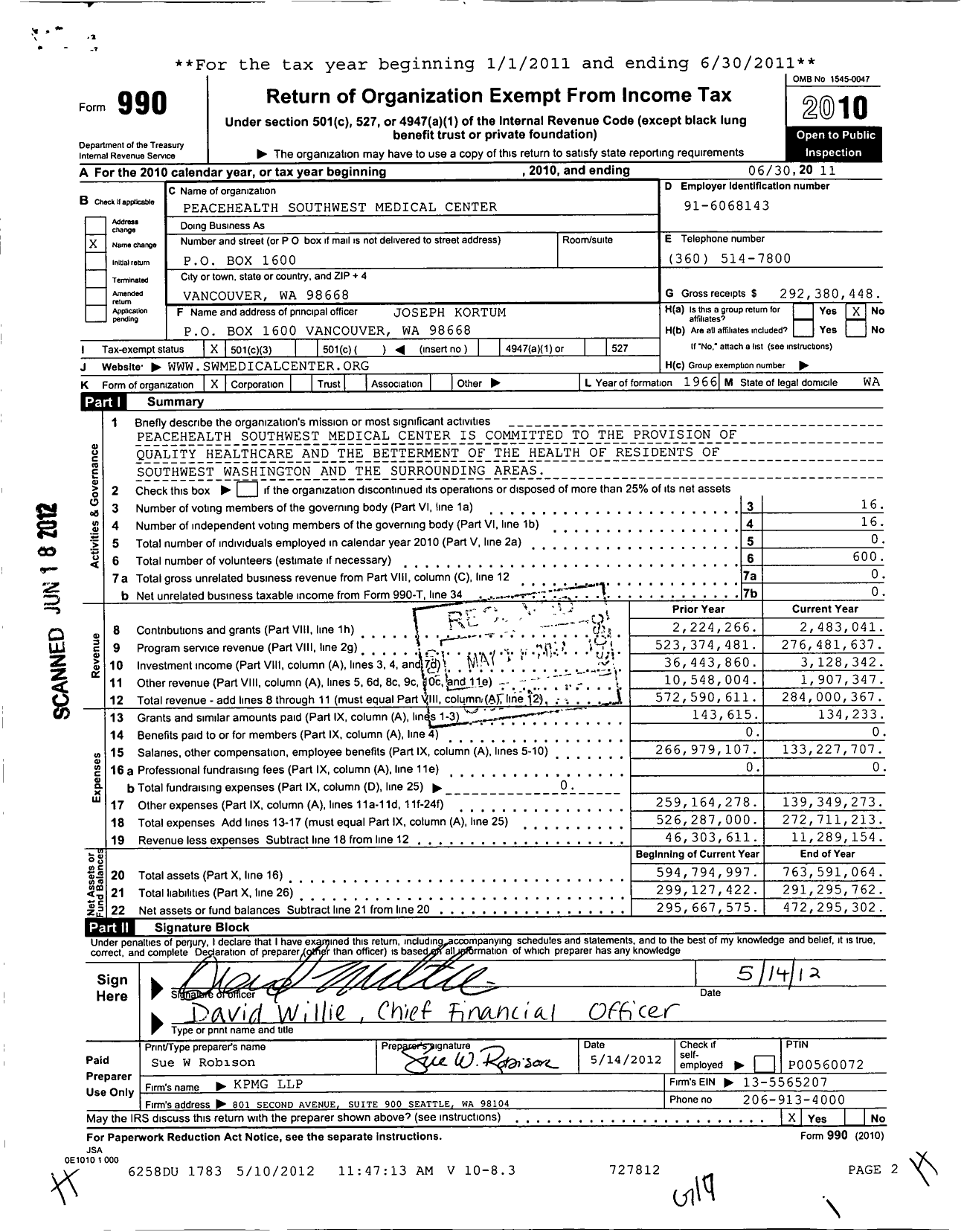 Image of first page of 2010 Form 990 for PeaceHealth Southwest Medical Center