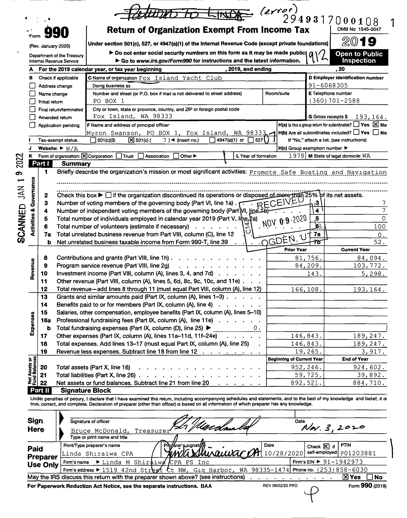 Image of first page of 2019 Form 990O for Fox Island Yacht Club