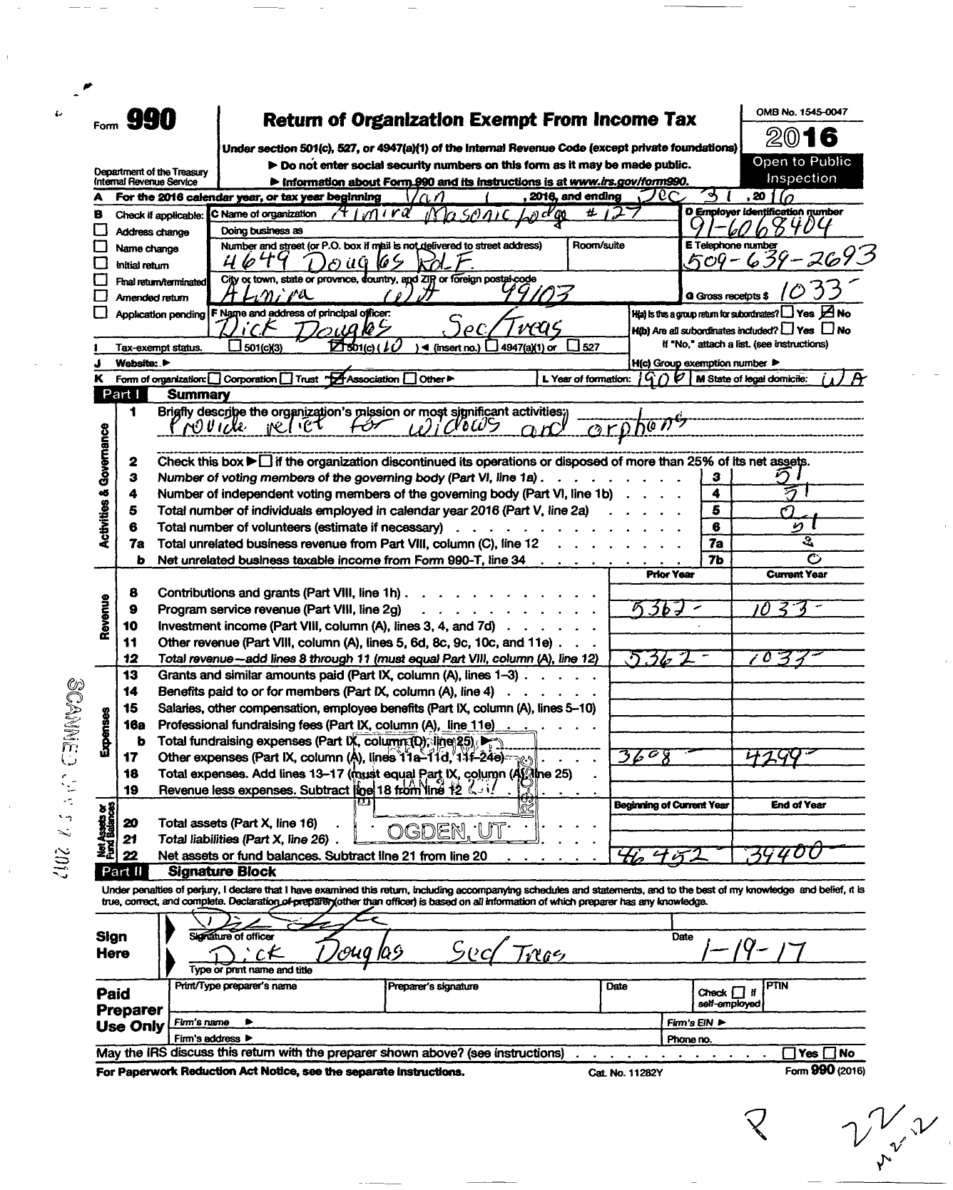 Image of first page of 2016 Form 990O for Free and Accepted Masons of Washington - 120 Almira Lodge