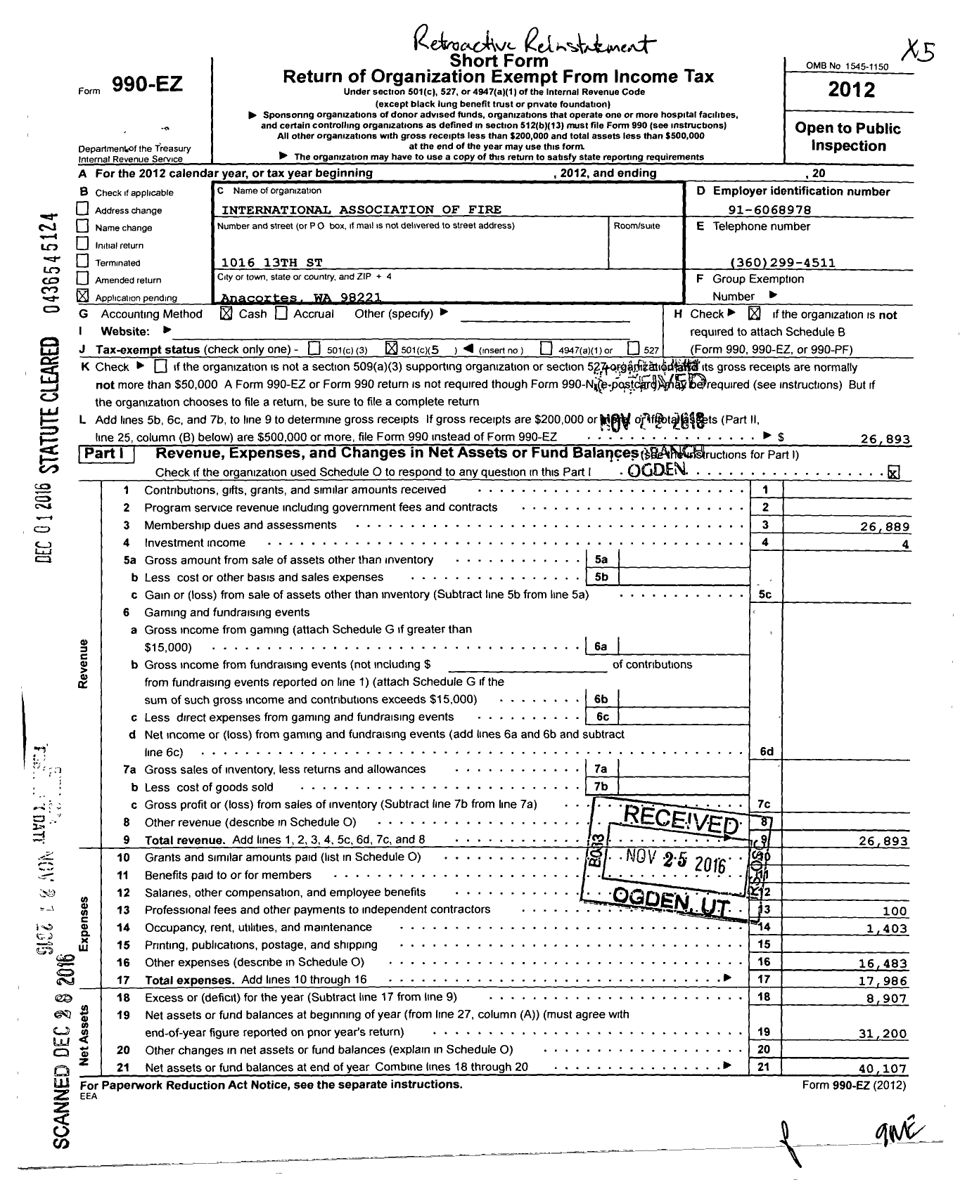 Image of first page of 2012 Form 990EO for International Association of Fire Fighters - L1537 Anacortes