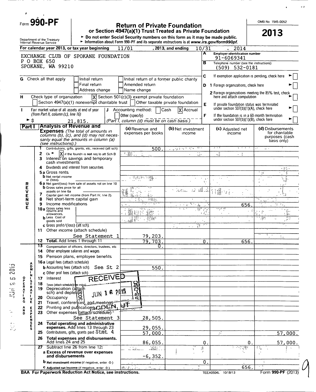 Image of first page of 2013 Form 990PF for Exchange Club of Spokane Foundation