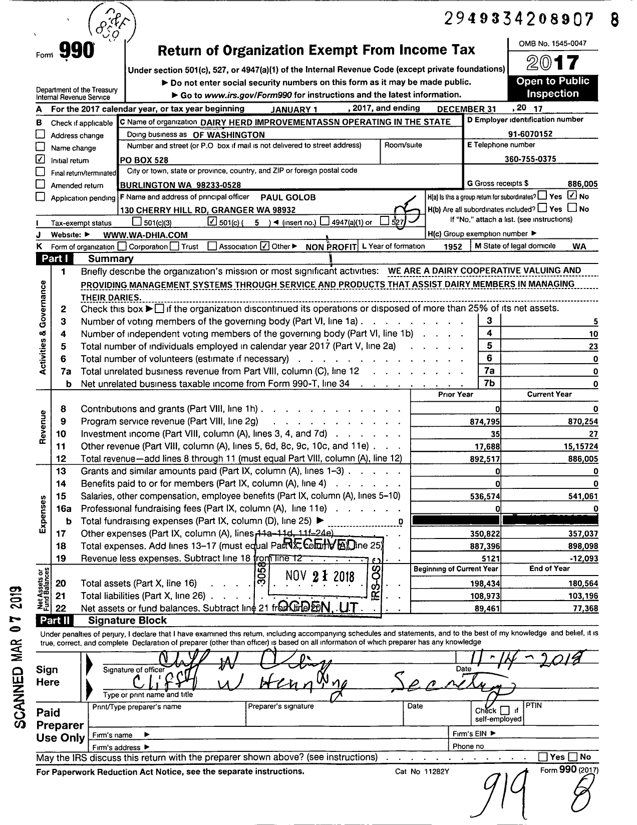 Image of first page of 2017 Form 990O for Dairy Herd Improvement Association Operating in the State of Washington