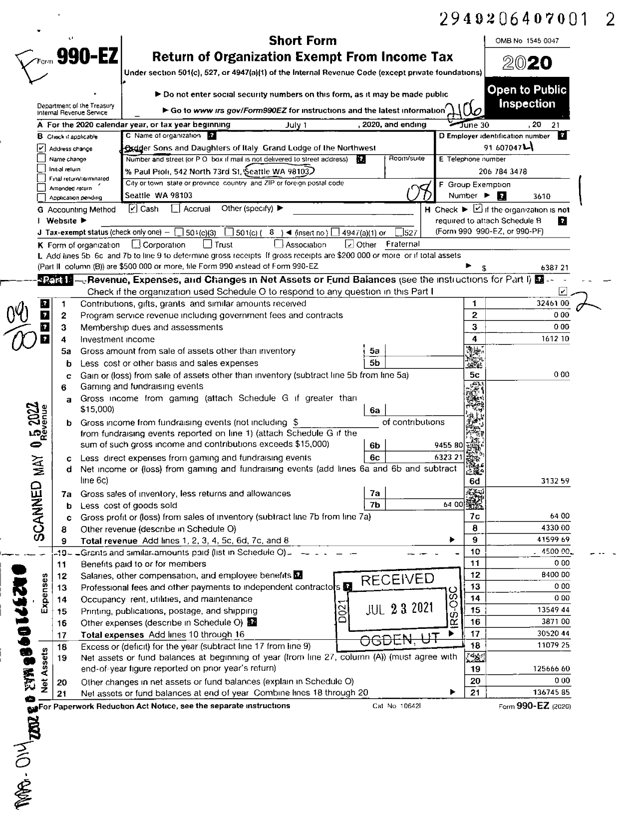 Image of first page of 2020 Form 990EO for Order Sons and Daughters of Italy in America - 9015 Grand Lodge of the Northwest