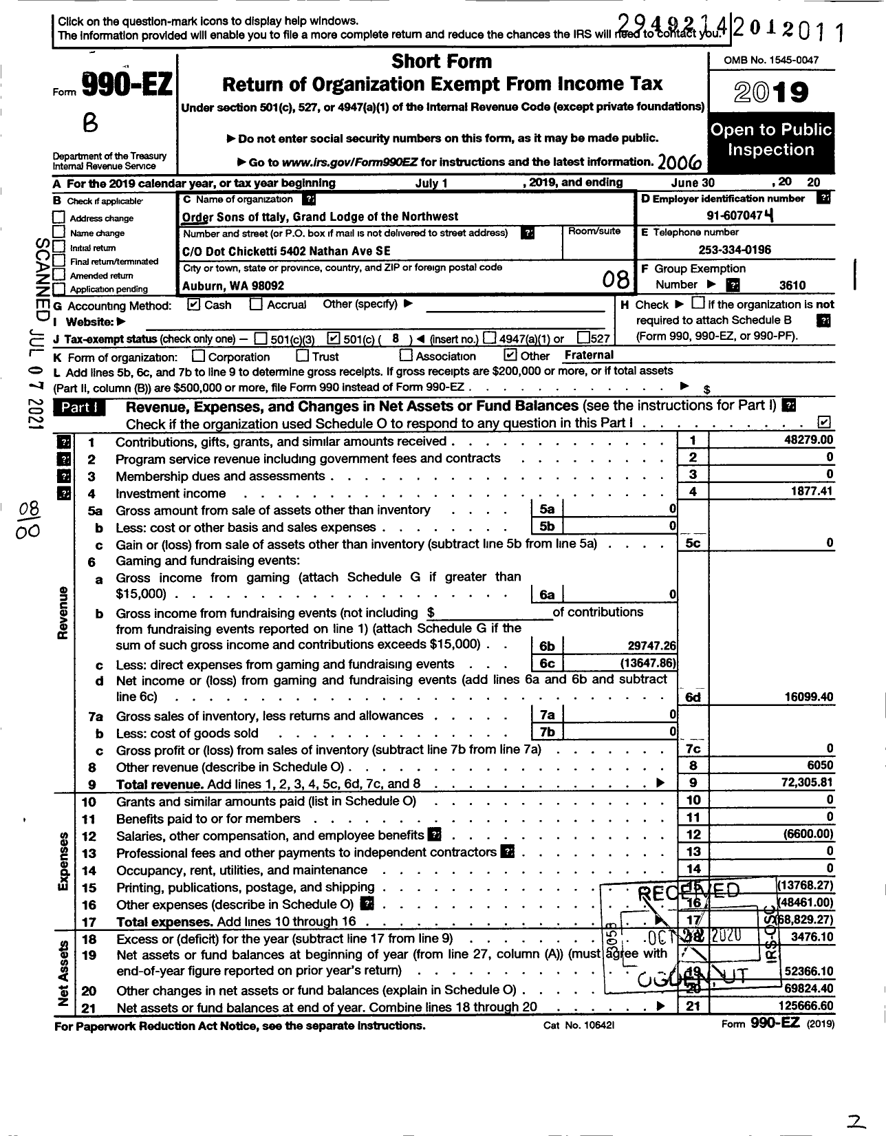 Image of first page of 2019 Form 990EO for Order Sons and Daughters of Italy in America - 9015 Grand Lodge of the Northwest