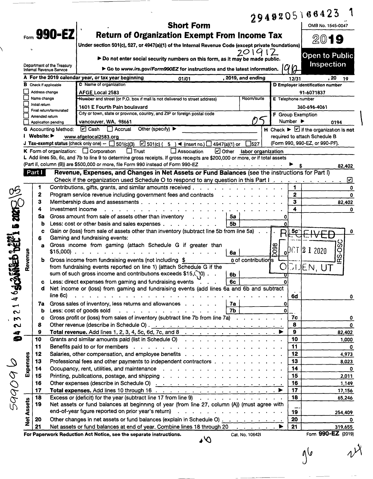 Image of first page of 2019 Form 990EO for American Federation of Government Employees - 2583 Local AFGE Va