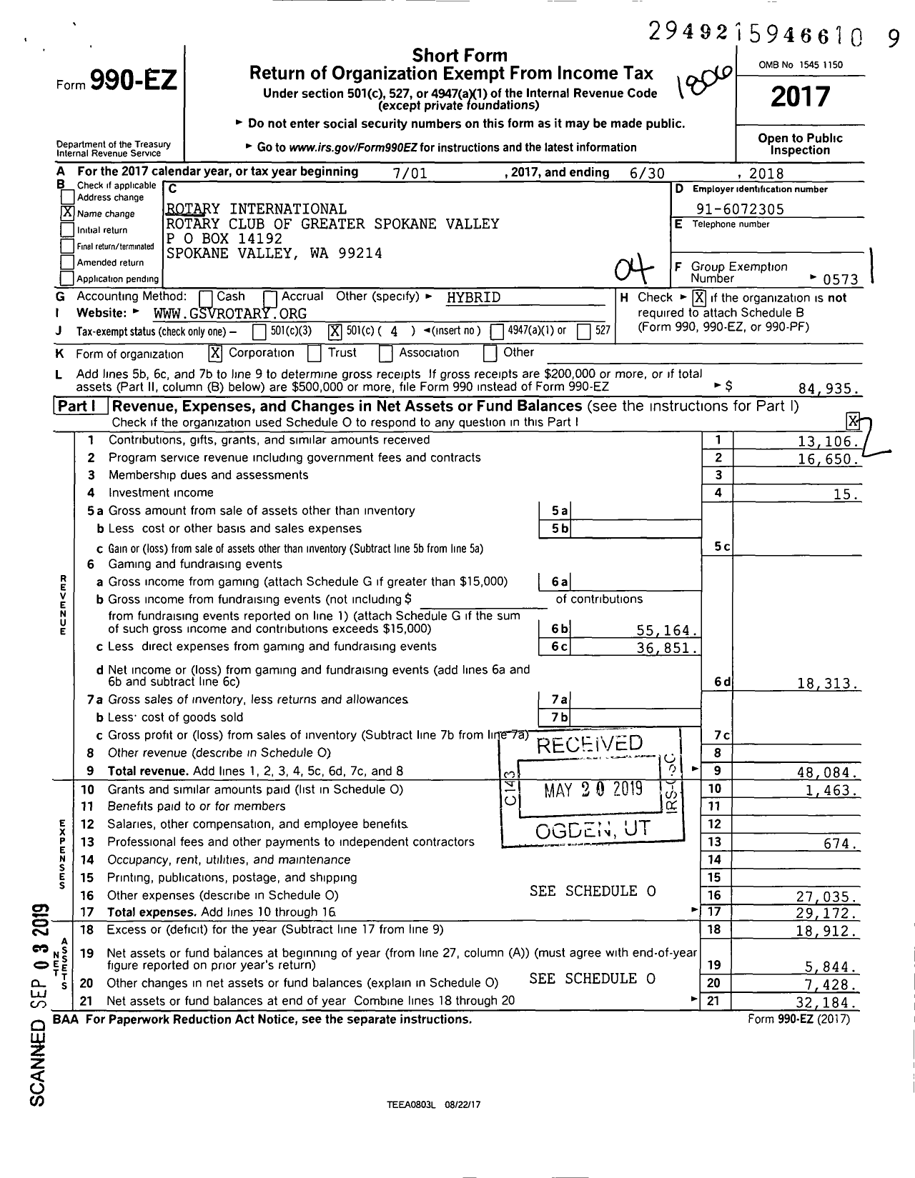 Image of first page of 2017 Form 990EO for Rotary International - Greater Spokane Valley Club