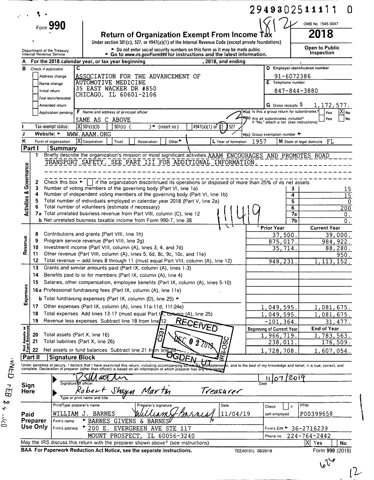 Image of first page of 2018 Form 990 for Association for the Advancement of Automotive Medicine (AAAM)