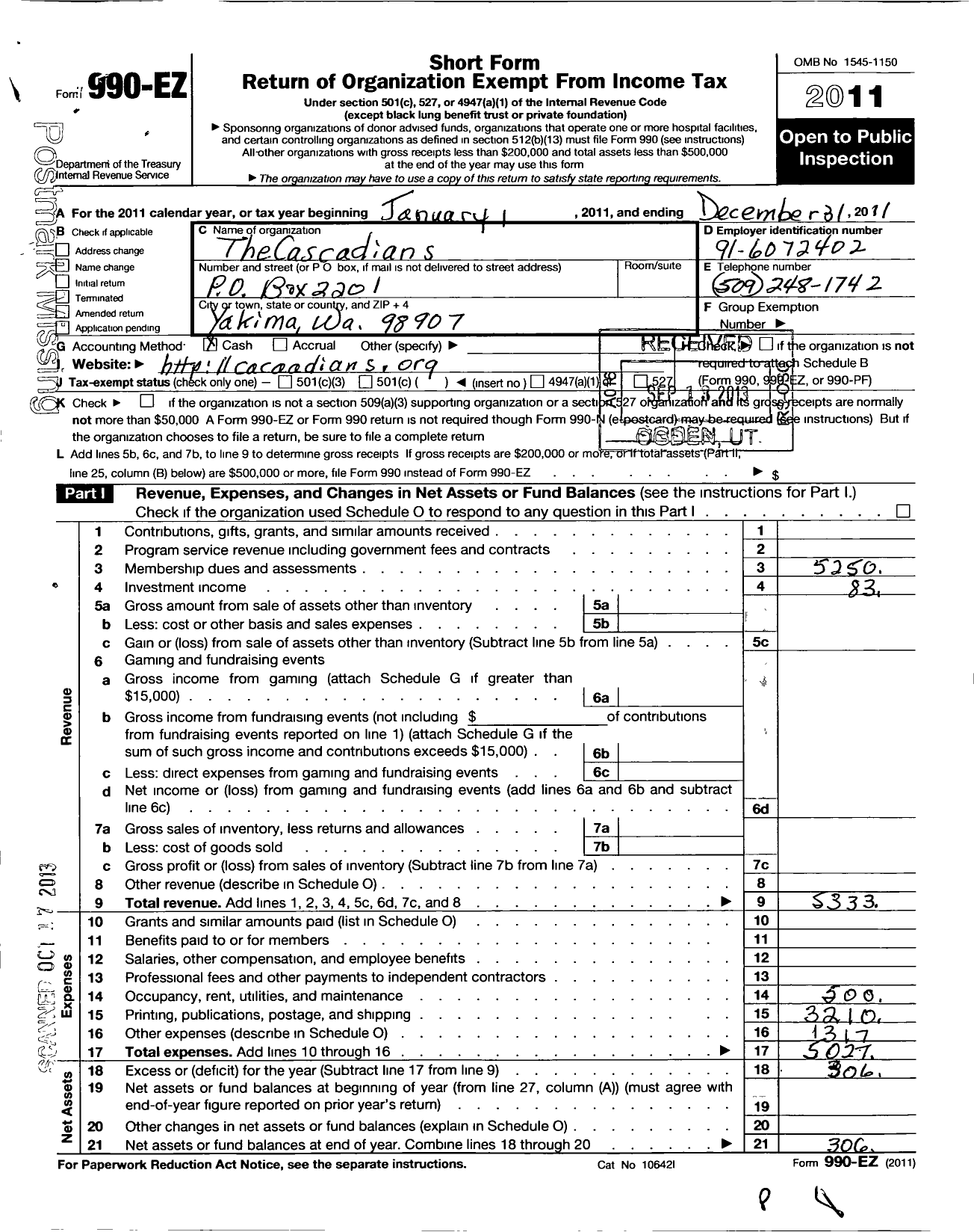 Image of first page of 2011 Form 990EO for The Cascadians