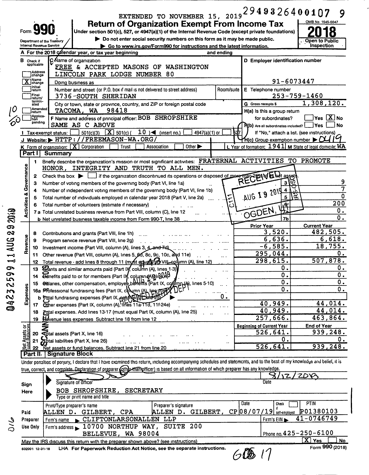 Image of first page of 2018 Form 990O for Free and Accepted Masons of Washington Lincoln Park Lodge Number 80