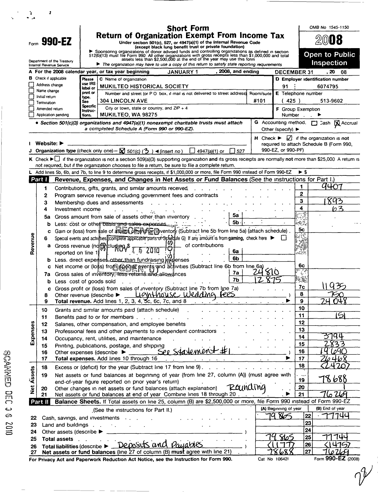 Image of first page of 2008 Form 990EZ for Mukilteo Historical Society Incorporated