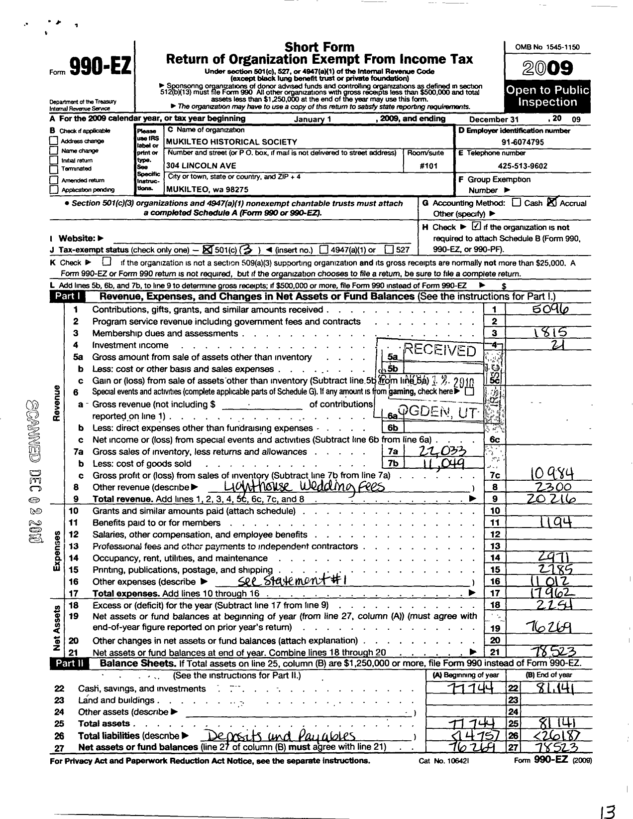 Image of first page of 2009 Form 990EZ for Mukilteo Historical Society Incorporated