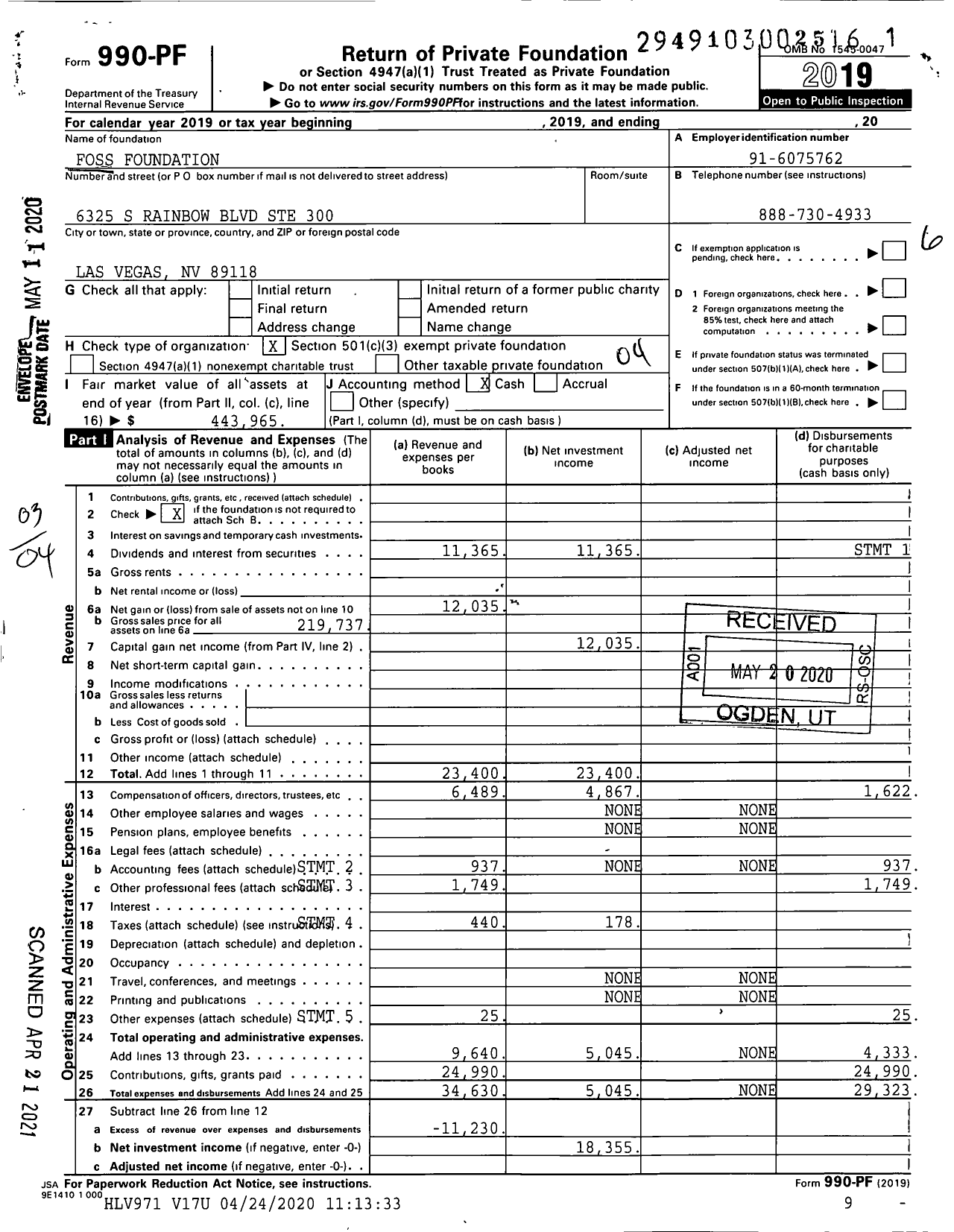 Image of first page of 2019 Form 990PF for Foss Foundation