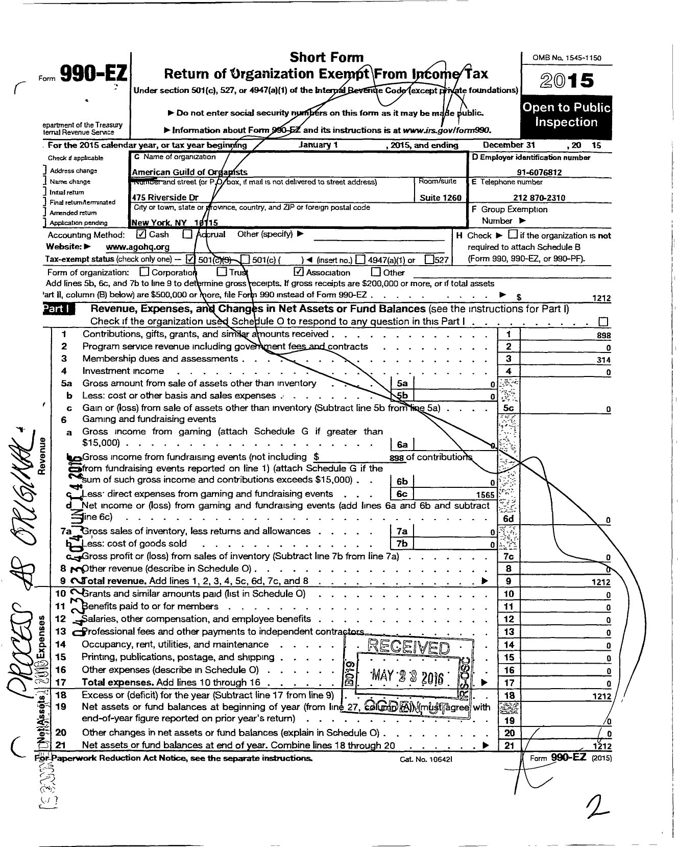 Image of first page of 2015 Form 990EZ for American Guild of Organists Ago - 809 Columbia Basin Chapter