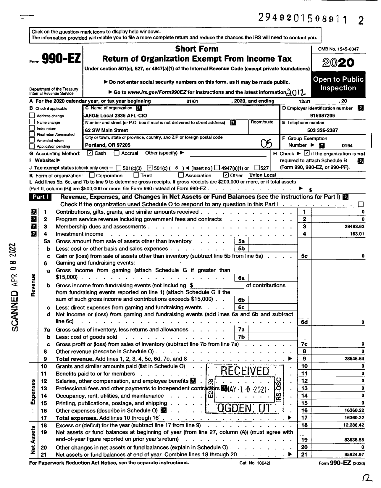 Image of first page of 2020 Form 990EO for American Federation of Government Employees - 2336 Local AFGE