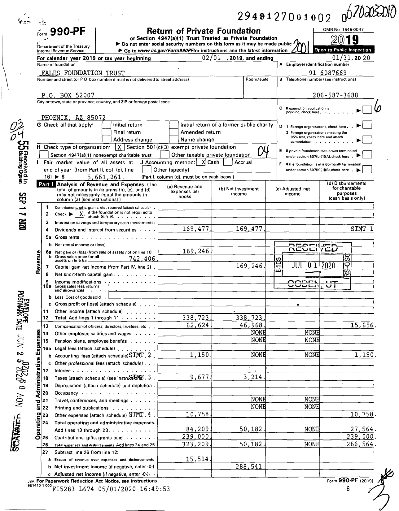 Image of first page of 2019 Form 990PF for Fales Foundation Trust