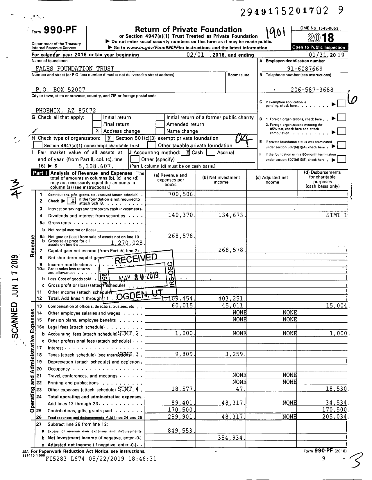 Image of first page of 2018 Form 990PF for Fales Foundation Trust