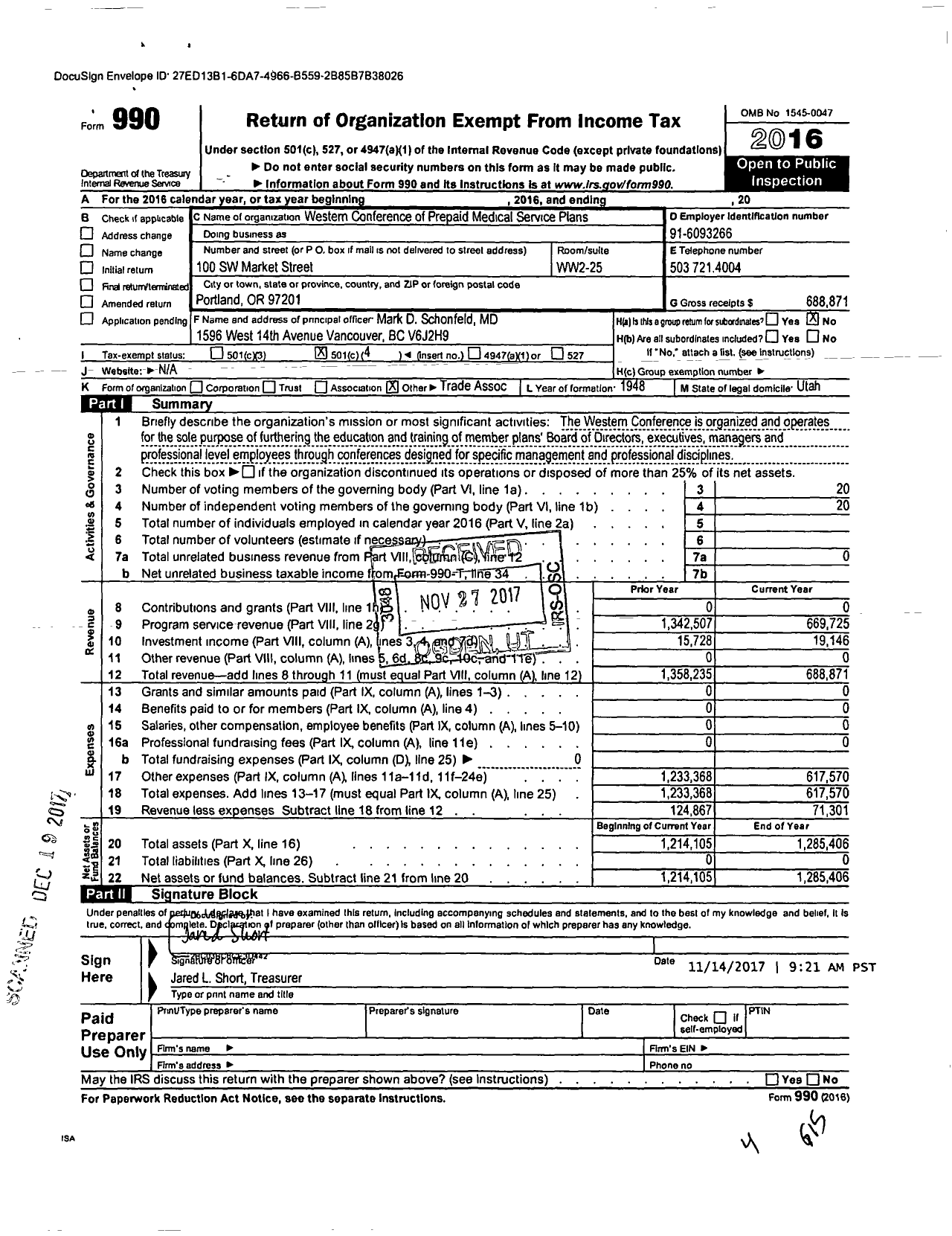 Image of first page of 2016 Form 990O for Western Conference of Prepaid Medical Service Plans