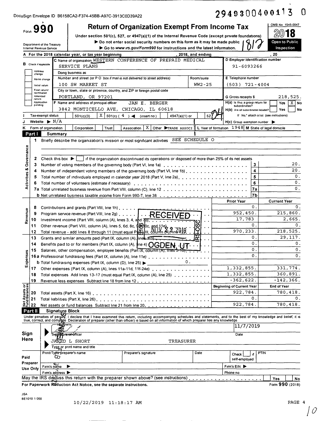 Image of first page of 2018 Form 990O for Western Conference of Prepaid Medical Service Plans