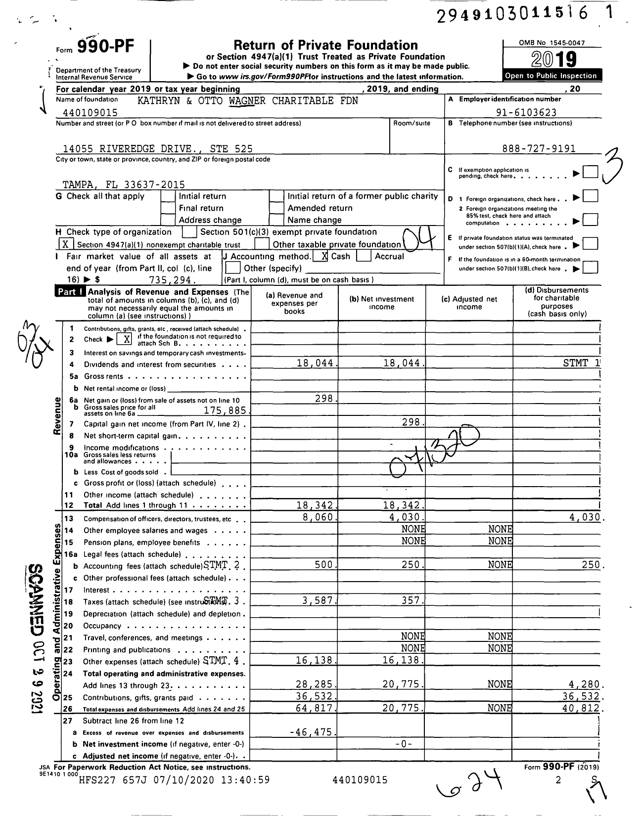 Image of first page of 2019 Form 990PF for Kathryn and Otto Wagner Charitable Foundation