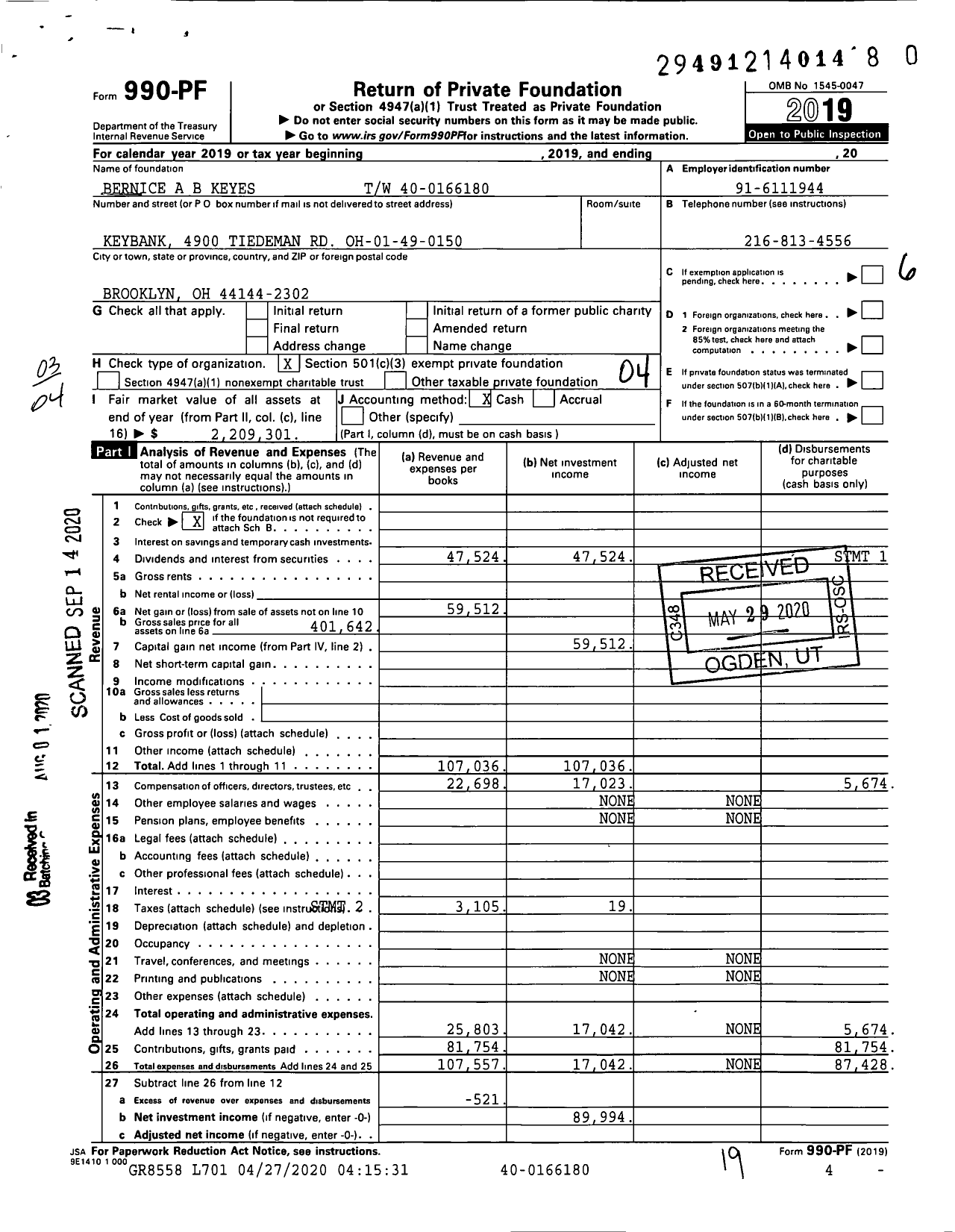 Image of first page of 2019 Form 990PR for Bernice A B Keyes TW