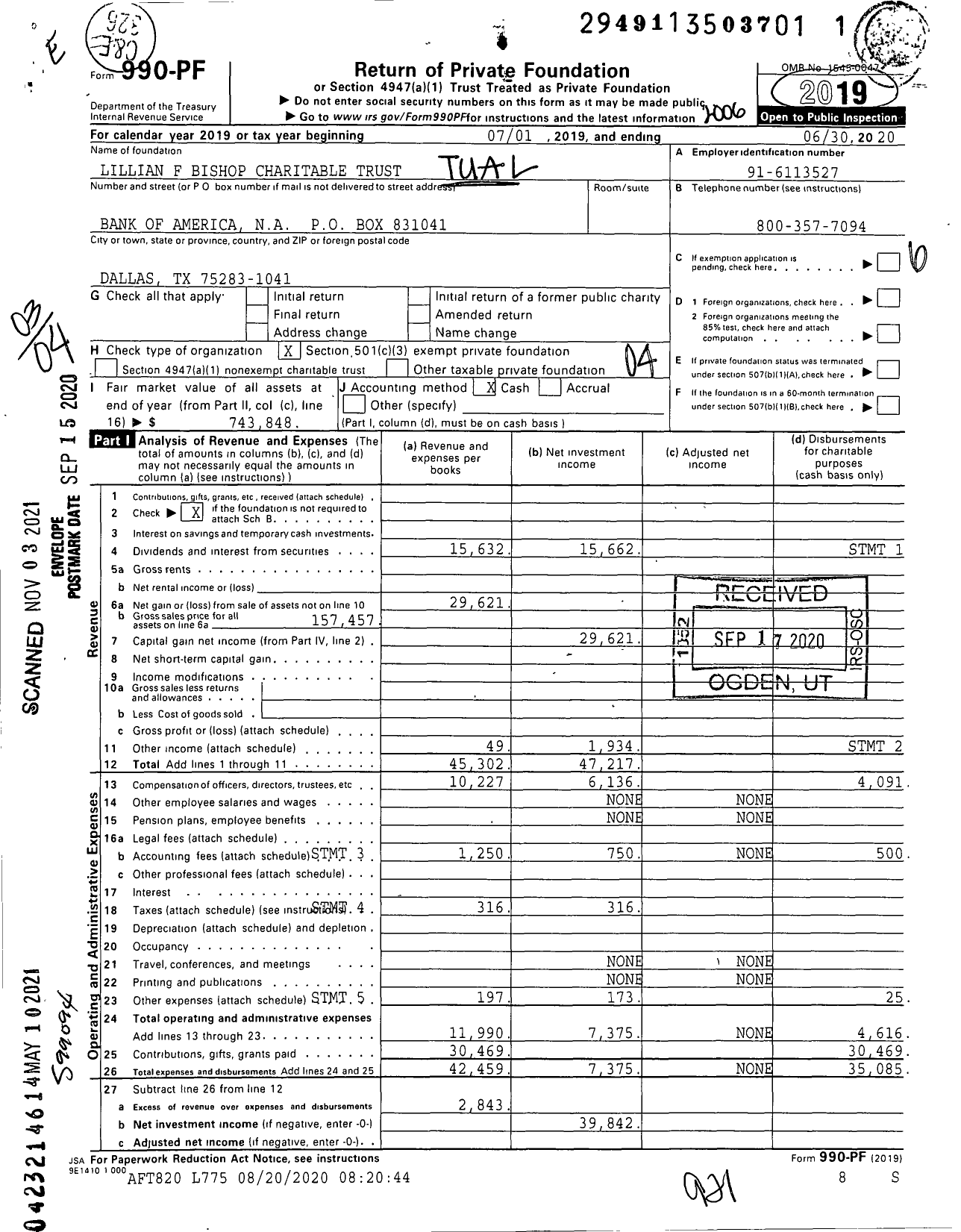 Image of first page of 2019 Form 990PF for Tua L F Bishop Charitable Trust