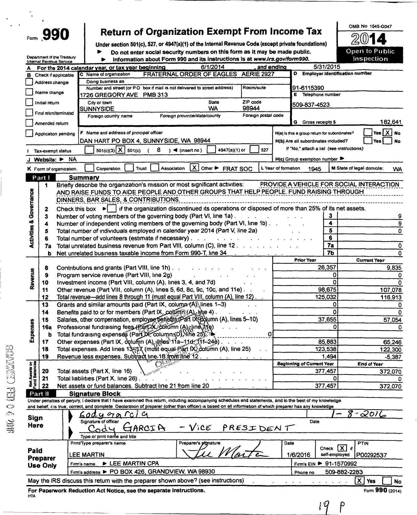 Image of first page of 2014 Form 990O for Fraternal Order of Eagles - 2927 Aerie