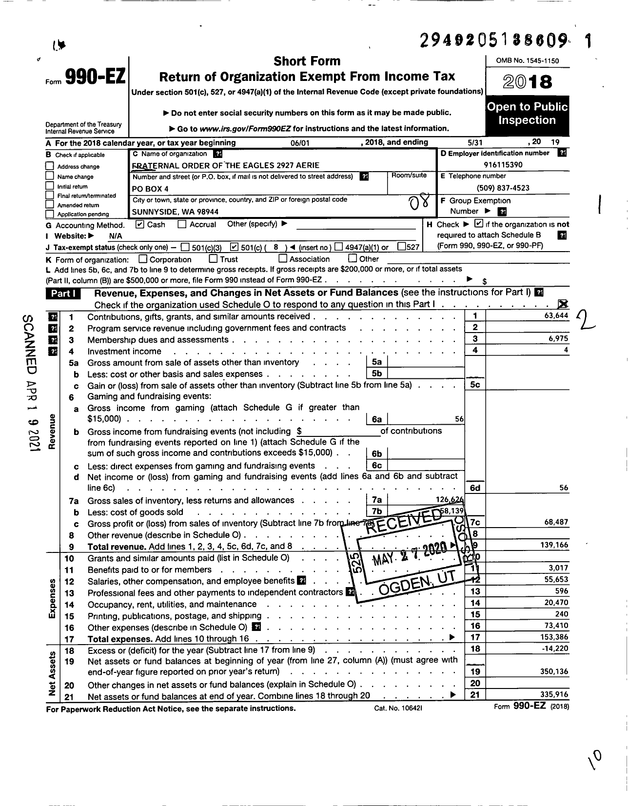 Image of first page of 2018 Form 990EO for Fraternal Order of Eagles - 2927 Aerie