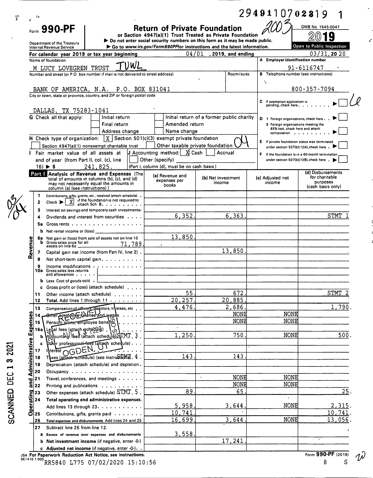 Image of first page of 2019 Form 990PF for M Lucy Lovegren Trust