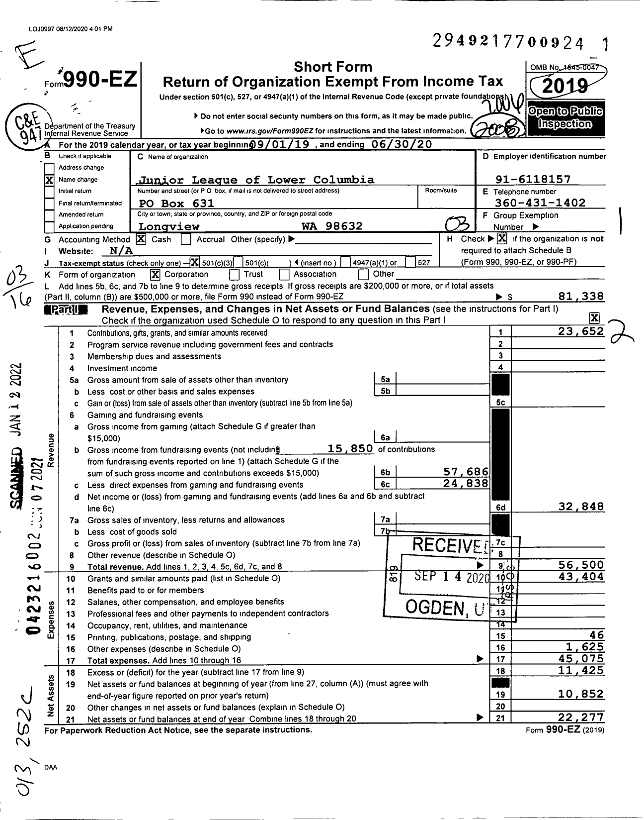 Image of first page of 2019 Form 990EZ for Junior League of Lower Columbia