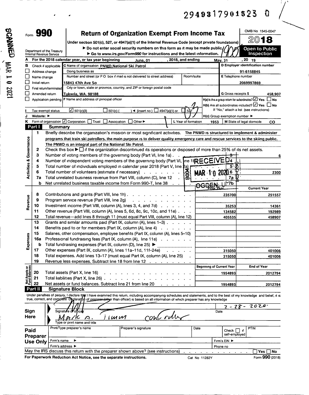 Image of first page of 2018 Form 990 for PNWD National Ski Patrol