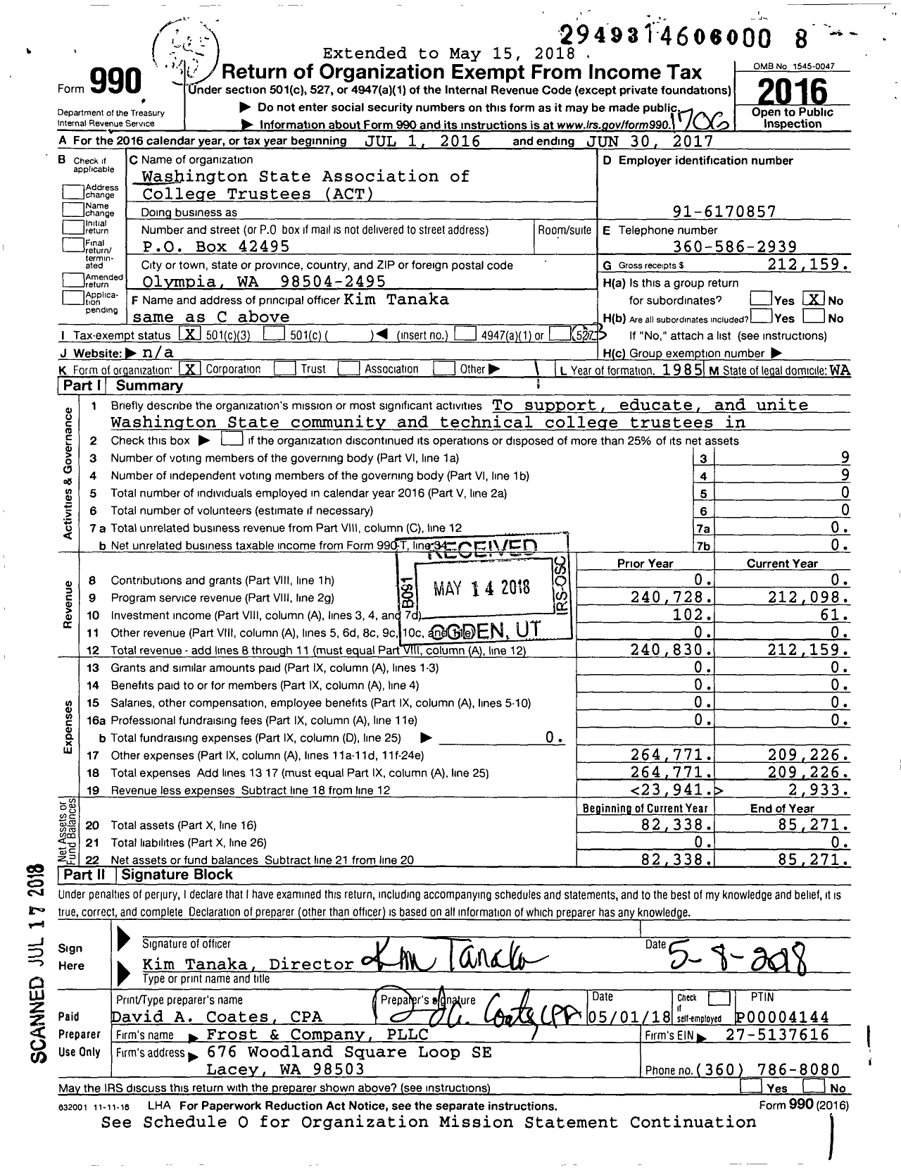 Image of first page of 2016 Form 990 for Washington State Association of College Trustees
