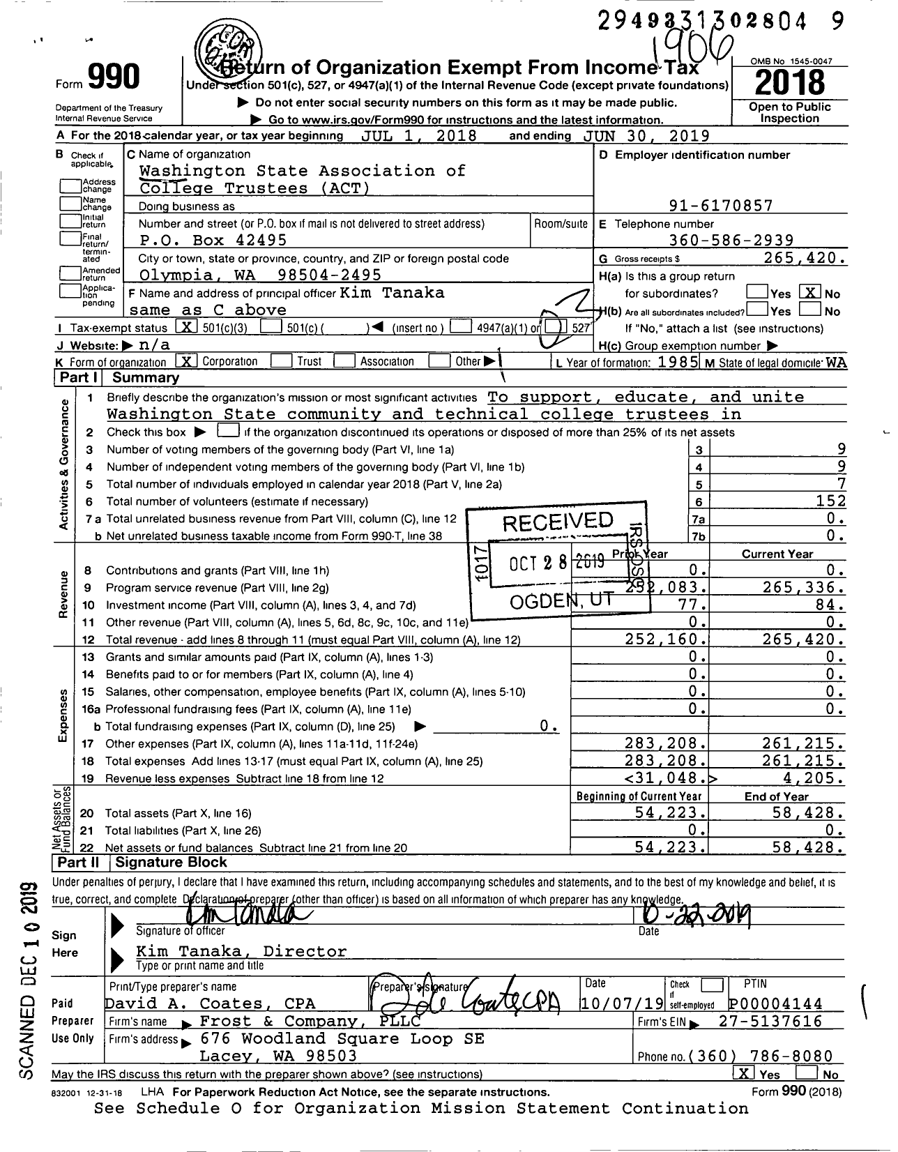 Image of first page of 2018 Form 990 for Washington State Association of College Trustees