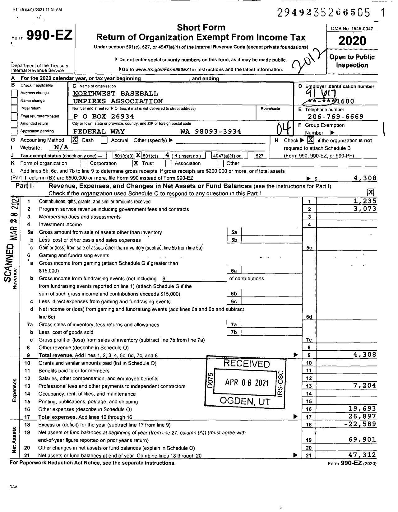 Image of first page of 2020 Form 990EO for Northwest Baseball Umpires Association