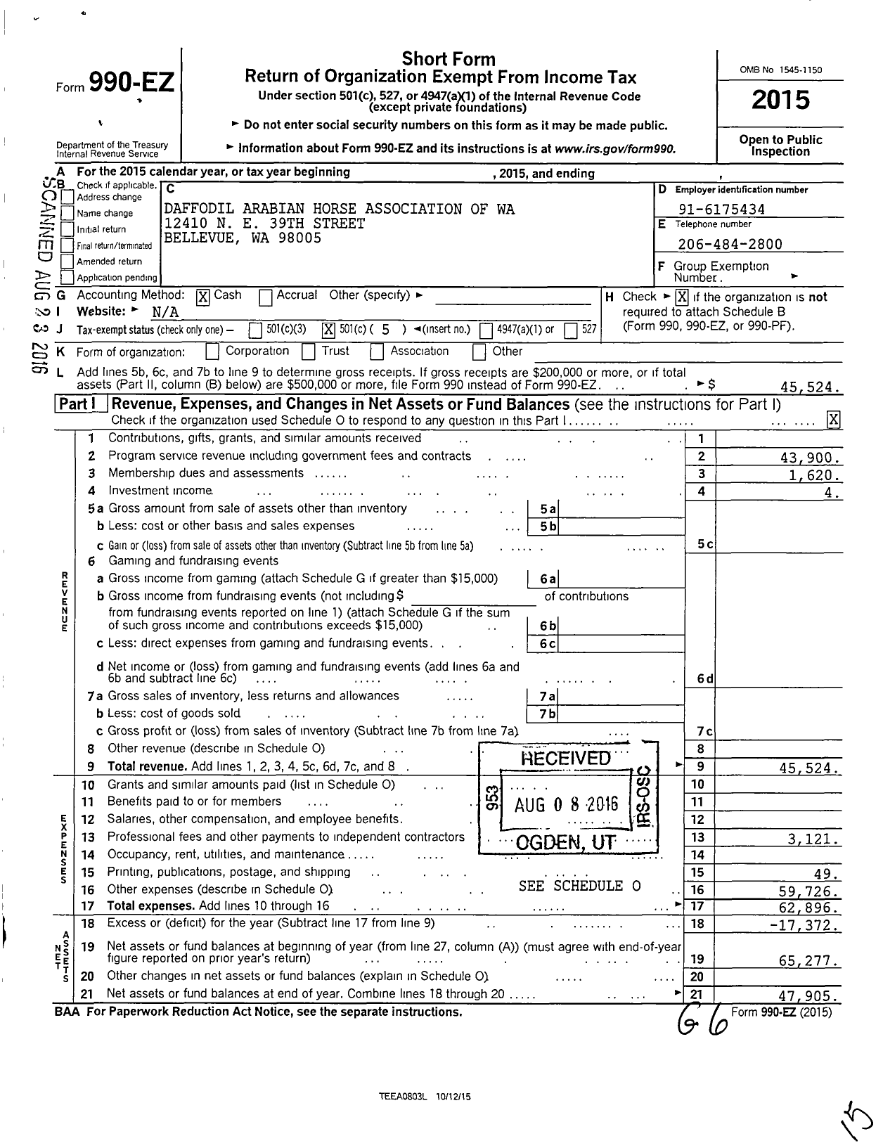 Image of first page of 2015 Form 990EO for Daffodil Arabian Horse Association of Washington