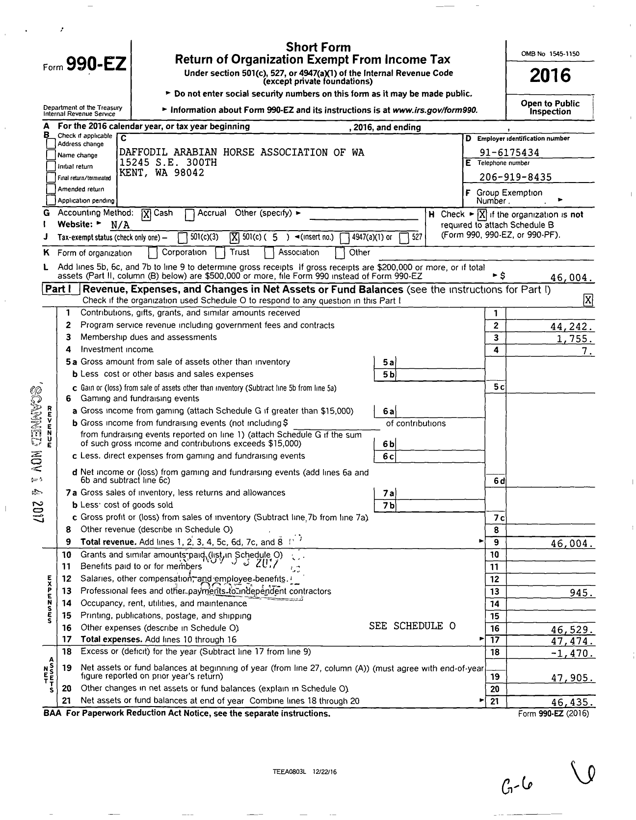 Image of first page of 2016 Form 990EO for Daffodil Arabian Horse Association of Washington