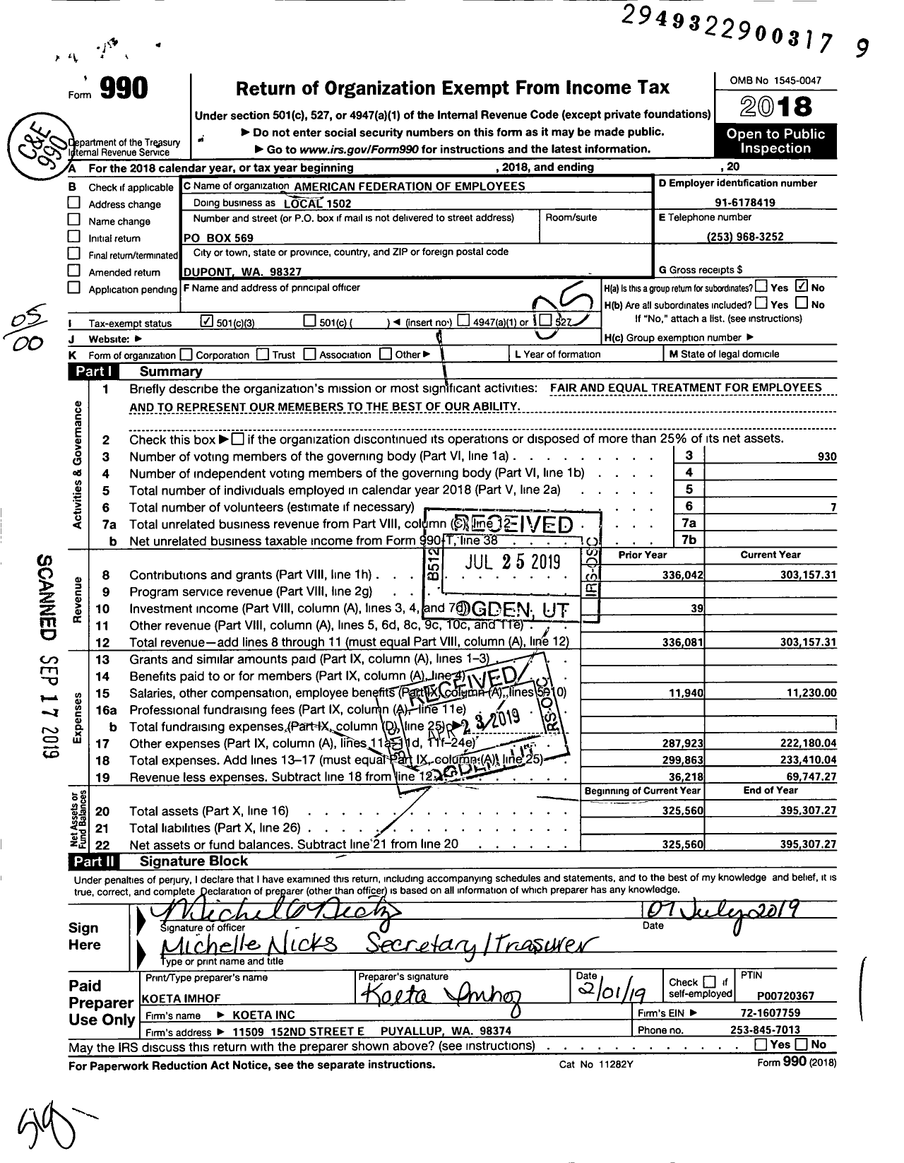Image of first page of 2018 Form 990O for American Federation of Government Employees Local 1502