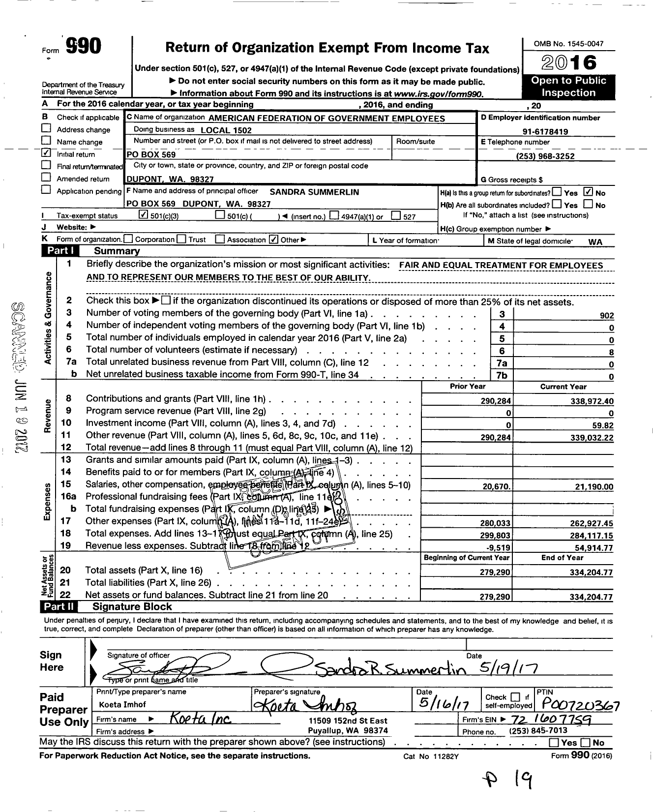 Image of first page of 2016 Form 990 for American Federation of Government Employees Local 1502