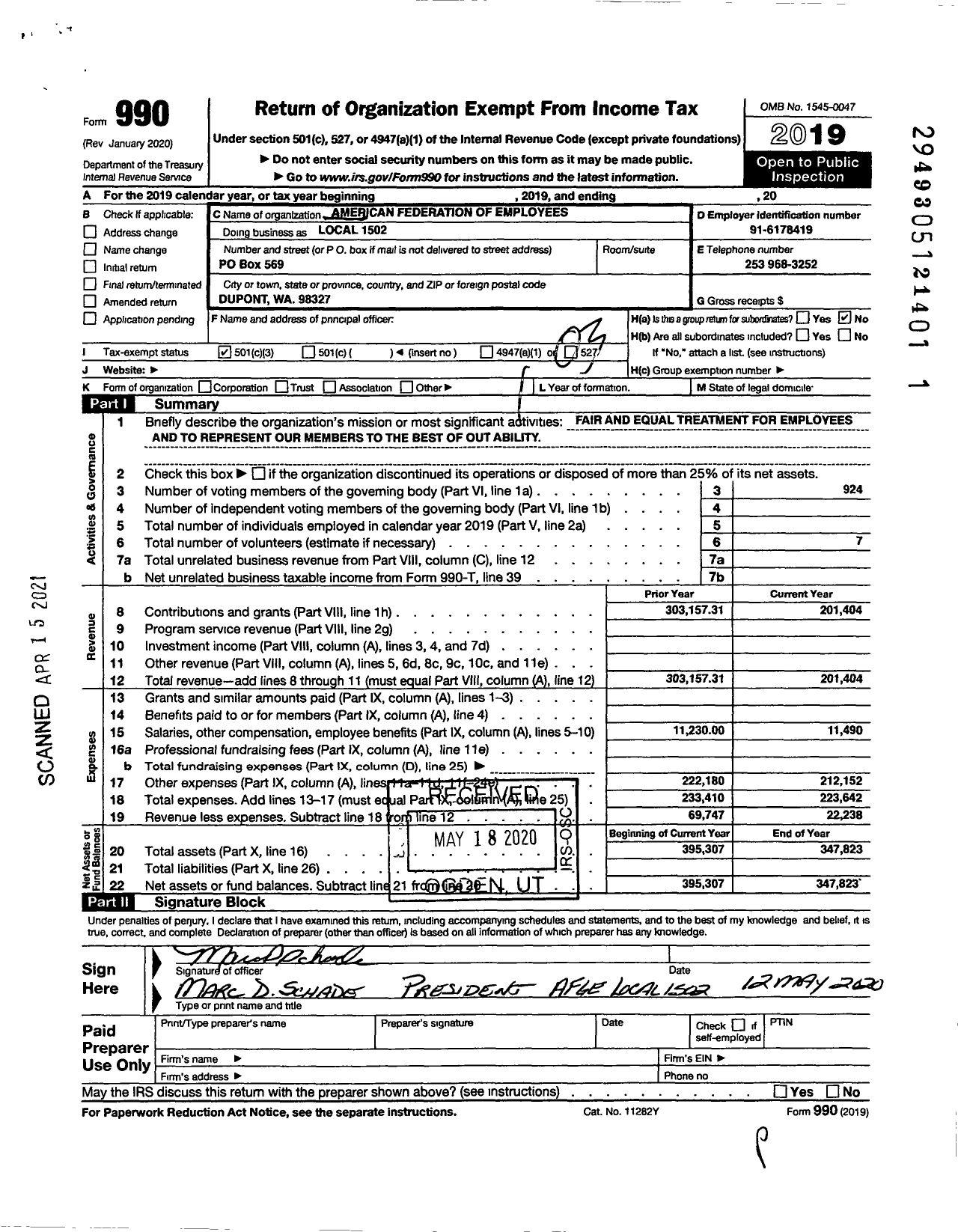 Image of first page of 2019 Form 990 for American Federation of Government Employees Local 1502