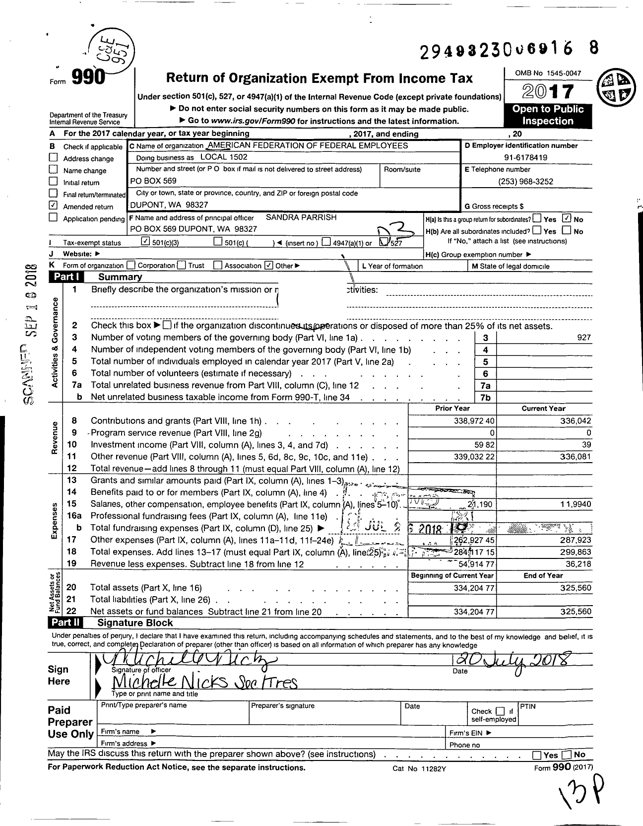 Image of first page of 2017 Form 990 for American Federation of Government Employees Local 1502