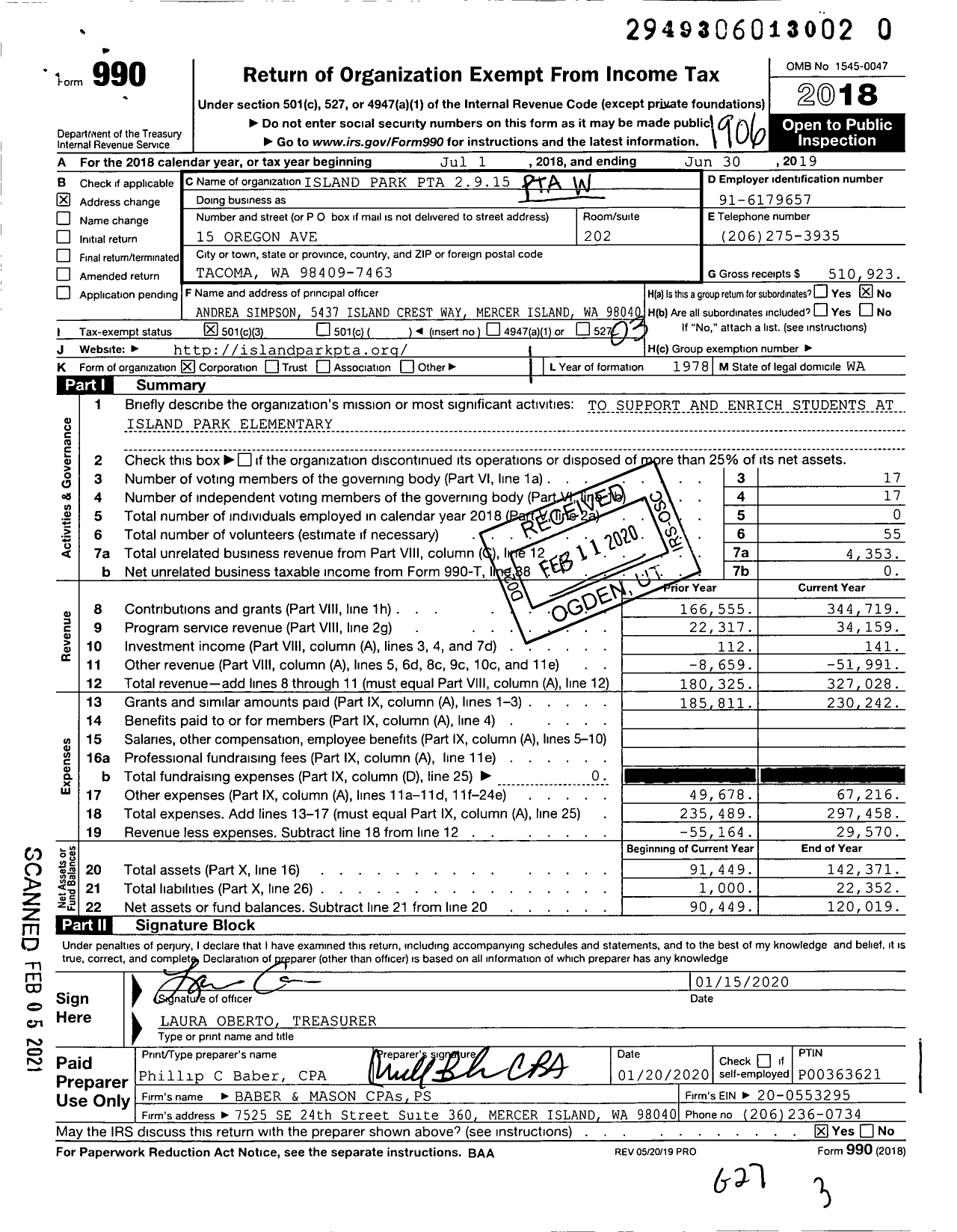 Image of first page of 2018 Form 990 for Island Park PTA 2915