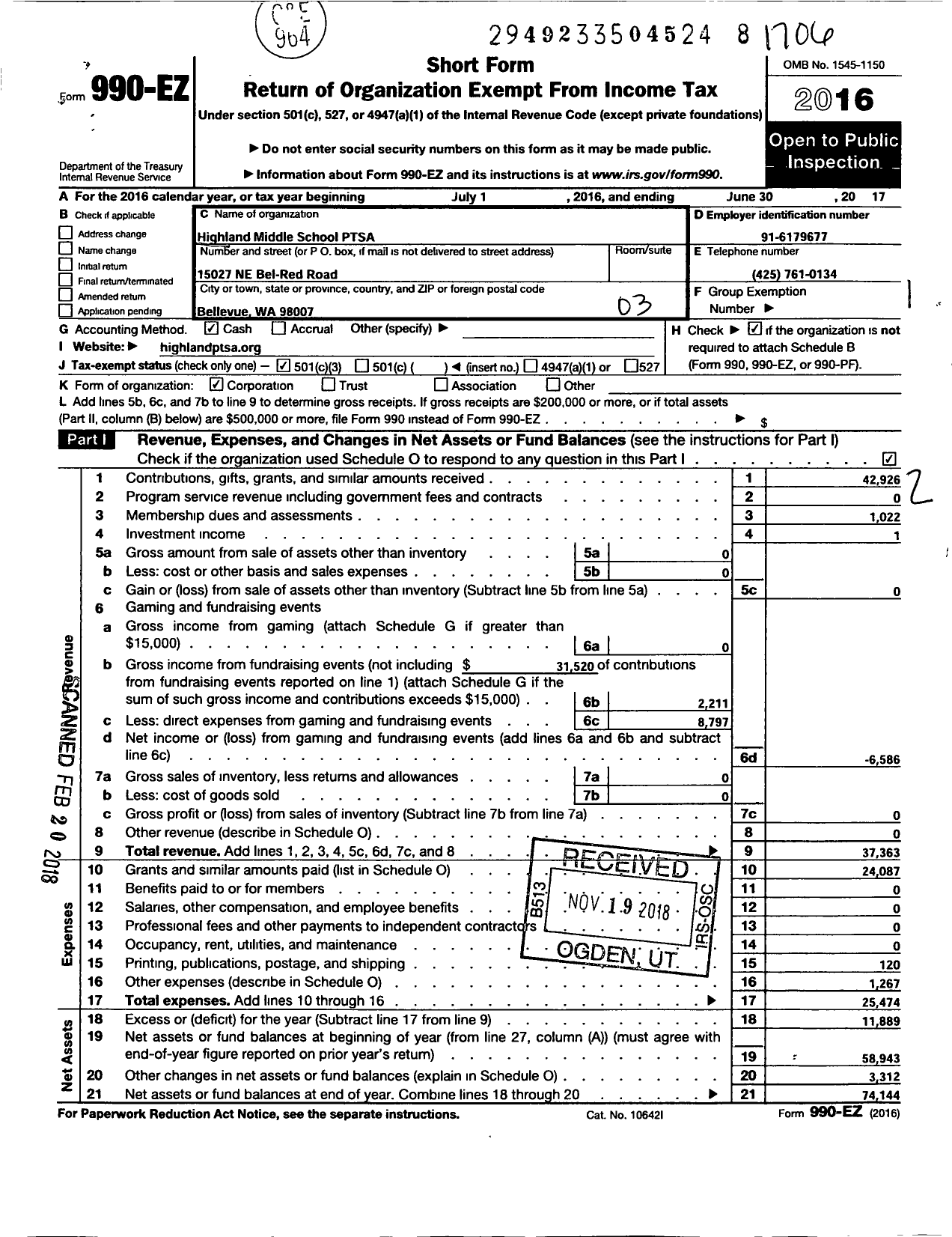 Image of first page of 2016 Form 990EZ for Highland Middle School Ptsa