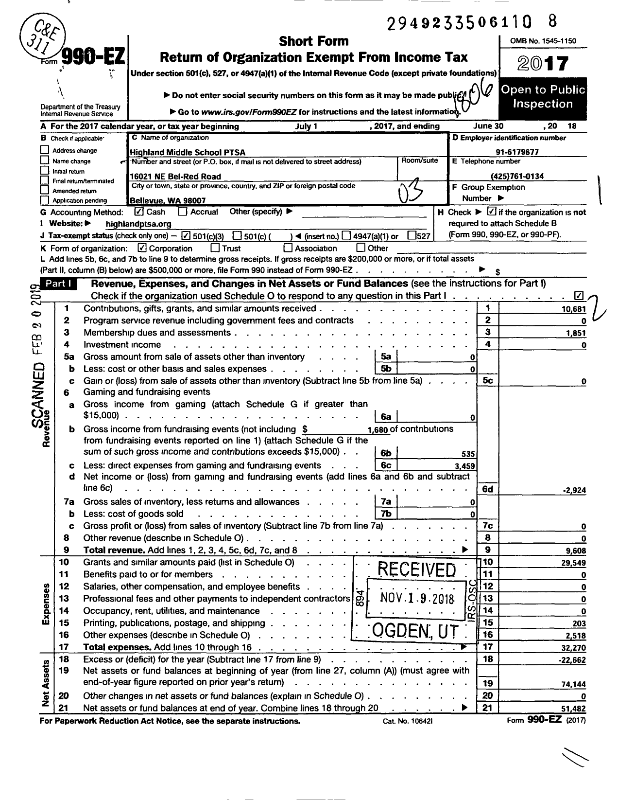 Image of first page of 2017 Form 990EZ for Highland Middle School Ptsa