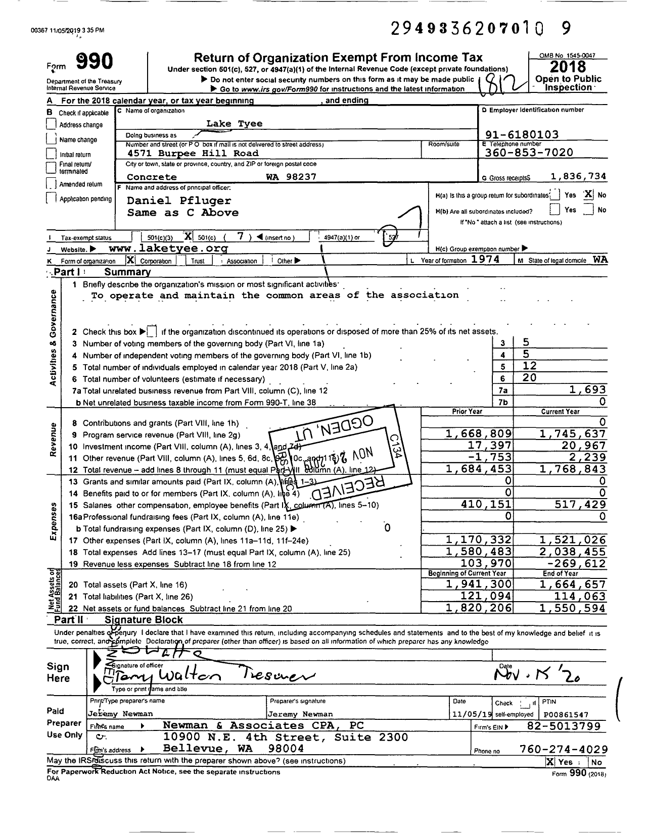 Image of first page of 2018 Form 990O for Lake Tyee