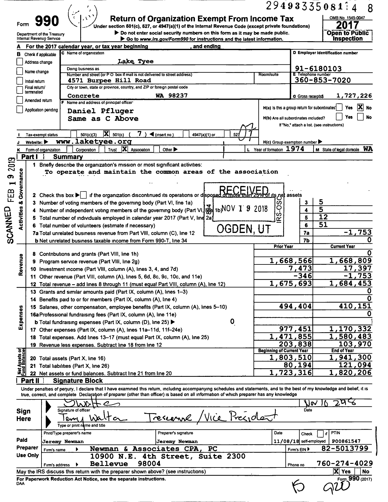 Image of first page of 2017 Form 990O for Lake Tyee