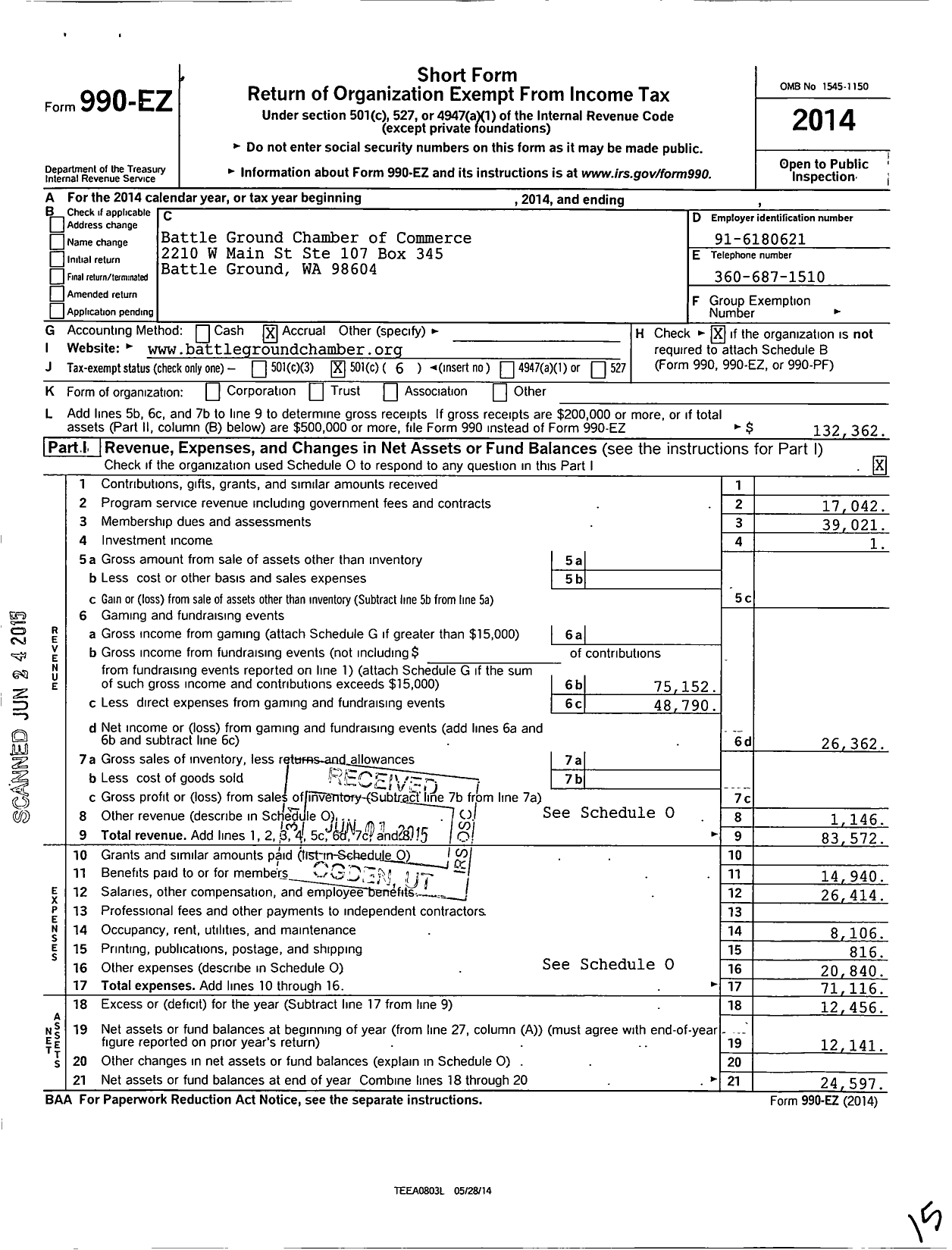 Image of first page of 2014 Form 990EO for Battle Ground Chamber of Commerce