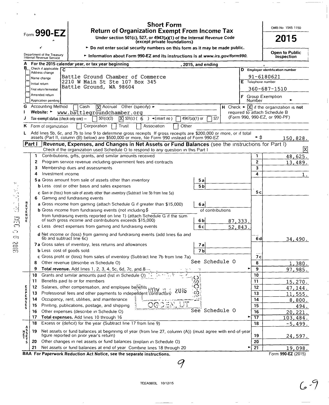 Image of first page of 2015 Form 990EO for Battle Ground Chamber of Commerce