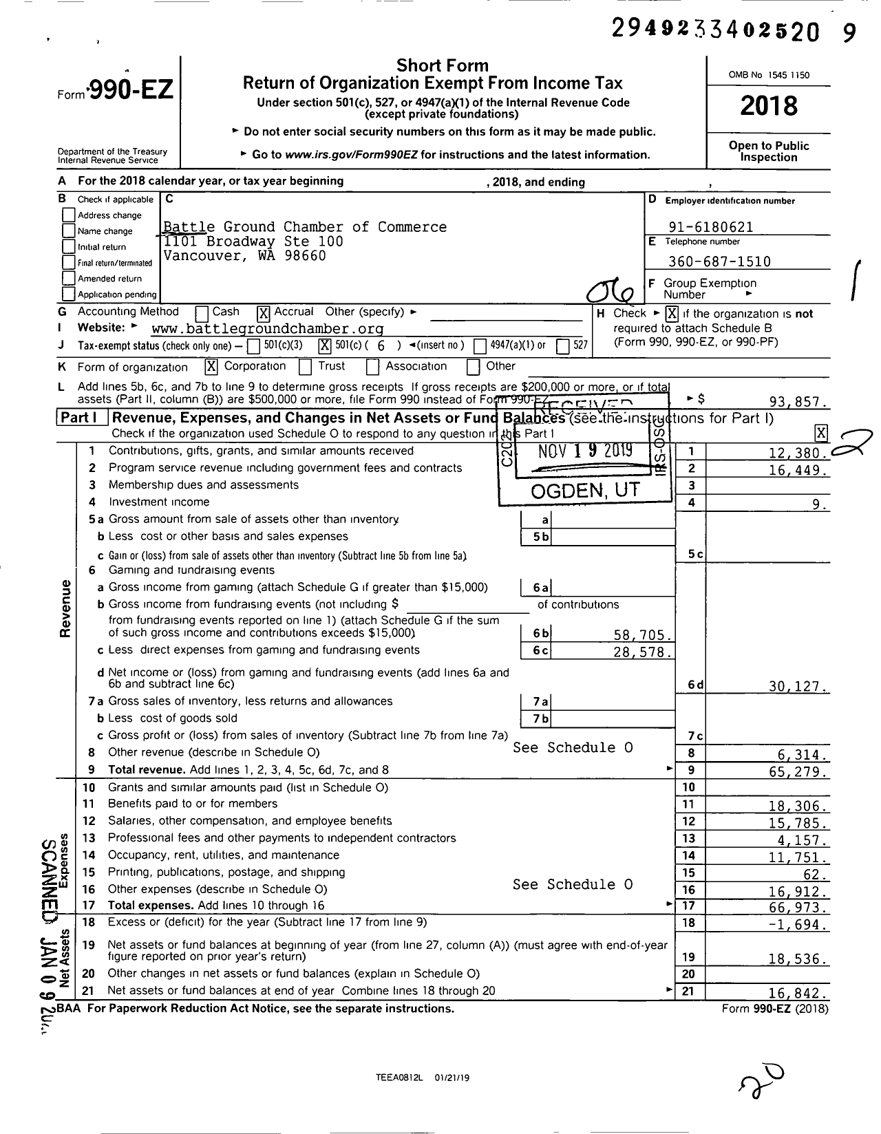 Image of first page of 2018 Form 990EO for Battle Ground Chamber of Commerce