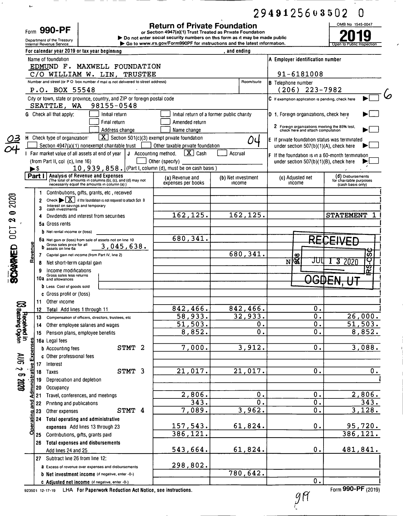 Image of first page of 2019 Form 990PR for Edmund F Maxwell Foundation